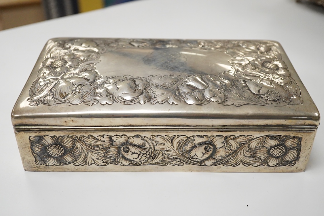 A Norwegian embossed 830 standard white metal mounted rectangular cigarette box, by J. Tostrup, 23.1cm.